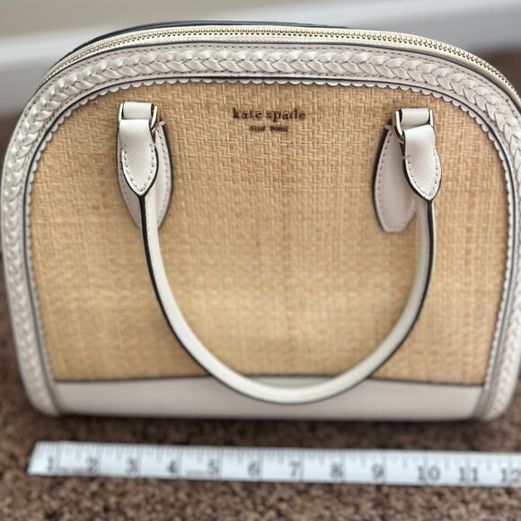 KATE SPADE White Leather Rattan Top Handle Tote Zipper Closure Crossbody Bag EUC - Picture 8 of 11